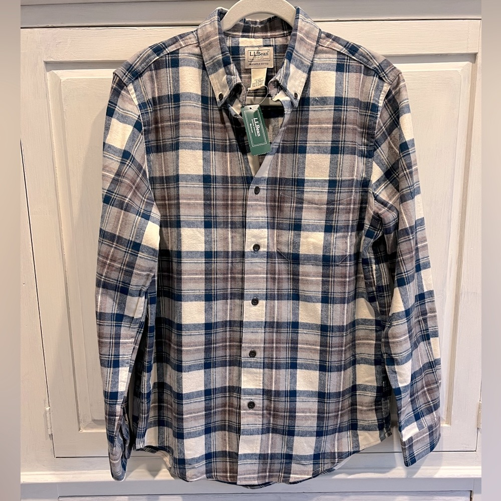 LL Bean Mens Indigo Tartan Scotch Plaid Flannel Shirt, Slightly Fitted, M, NWT
